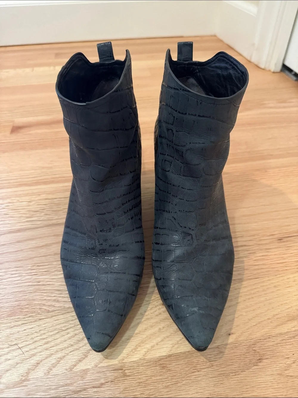 Sigerson Morrison Black Croc-Embossed Pointed Toe Ankle Booties
